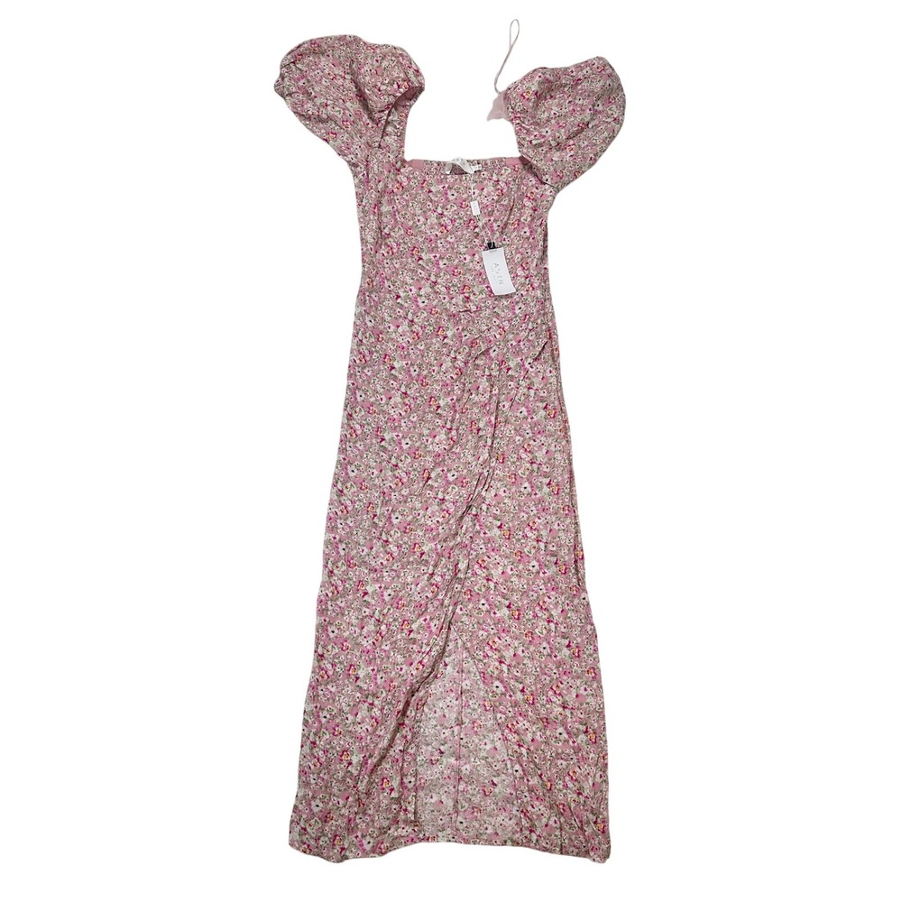 ASTR THE LABEL Floral Puff Sleeve Ruched Slit Midi Dress Pink Floral Size S